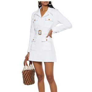 Solid and Striped White Denim Mini Dress Long Sleeves